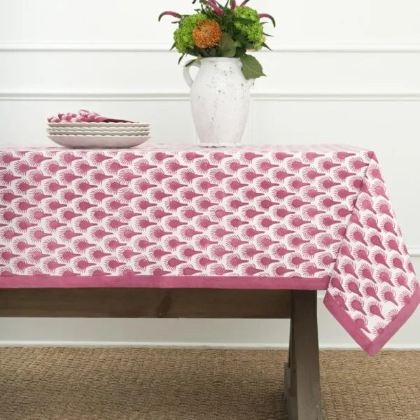 New Pomegranate Inc Geo Feather Fuchsia Tablecloth