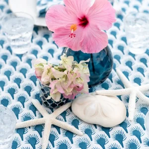 Online Pomegranate Inc Geo Feather Teal Tablecloth