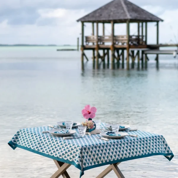 Online Pomegranate Inc Geo Feather Teal Tablecloth