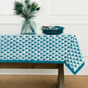 Online Pomegranate Inc Geo Feather Teal Tablecloth