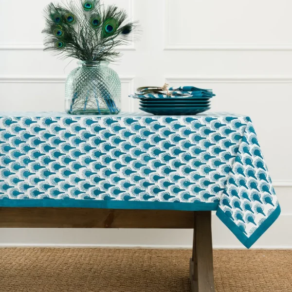 Online Pomegranate Inc Geo Feather Teal Tablecloth