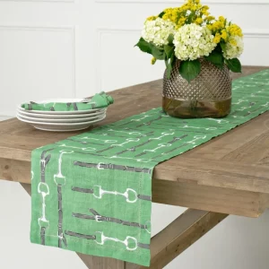 Sale Pomegranate Inc Green Linen Snaffle & Buckle Table Runner