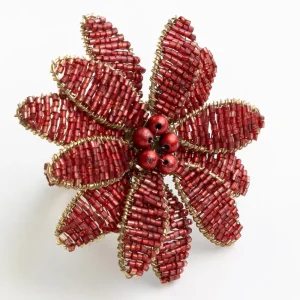 Best Pomegranate Inc Red Flower Beaded Napkin Ring | Set of 4