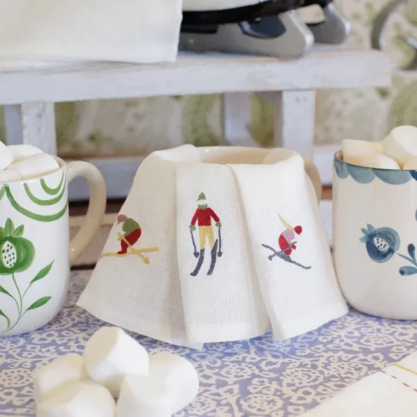 Best Pomegranate Inc Skiers Embroidered Linen Cocktail Napkin | Set of 4