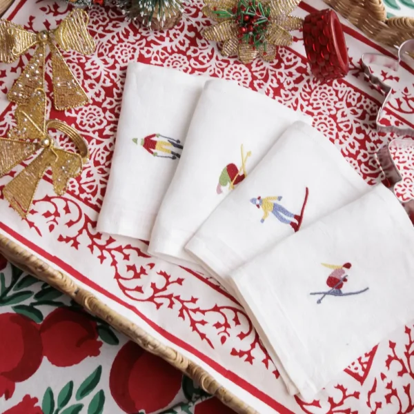 Best Pomegranate Inc Skiers Embroidered Linen Cocktail Napkin | Set of 4