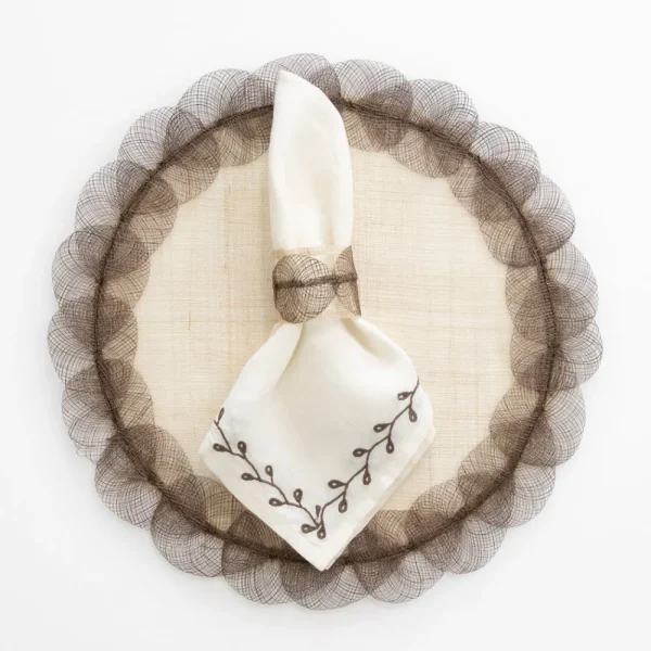 Hot Pomegranate Inc Twig & Bud Brown Embroidered Linen Napkin | Set of 4