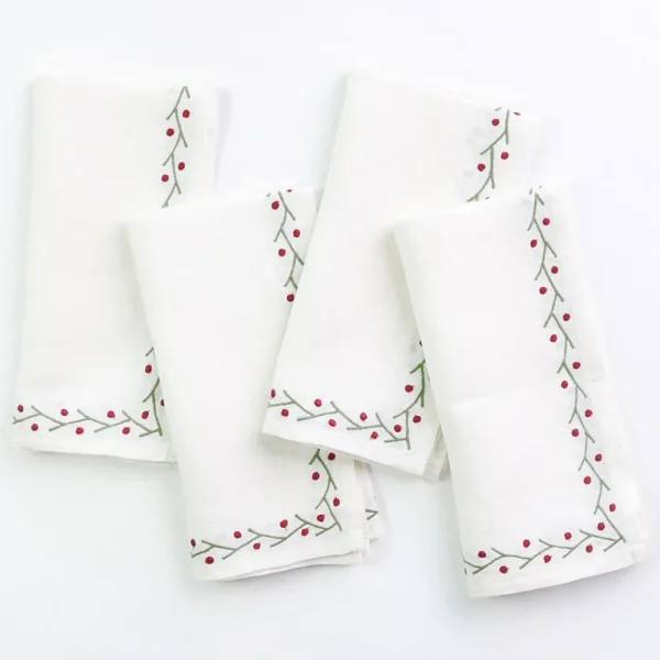 Sale Pomegranate Inc Twig & Dot Red & Green Embroidered Linen Napkin | Set of 4