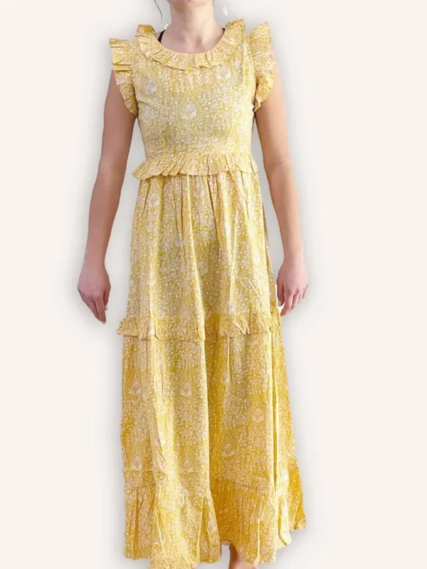 Online Pomegranate Inc Yellow Paisley Flounce Sleeve Dress